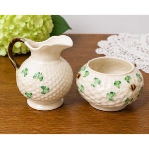 VTG Belleek Ireland Shamrock Cream Sugar Set Irish Creamer Open Bowl Basketweave
